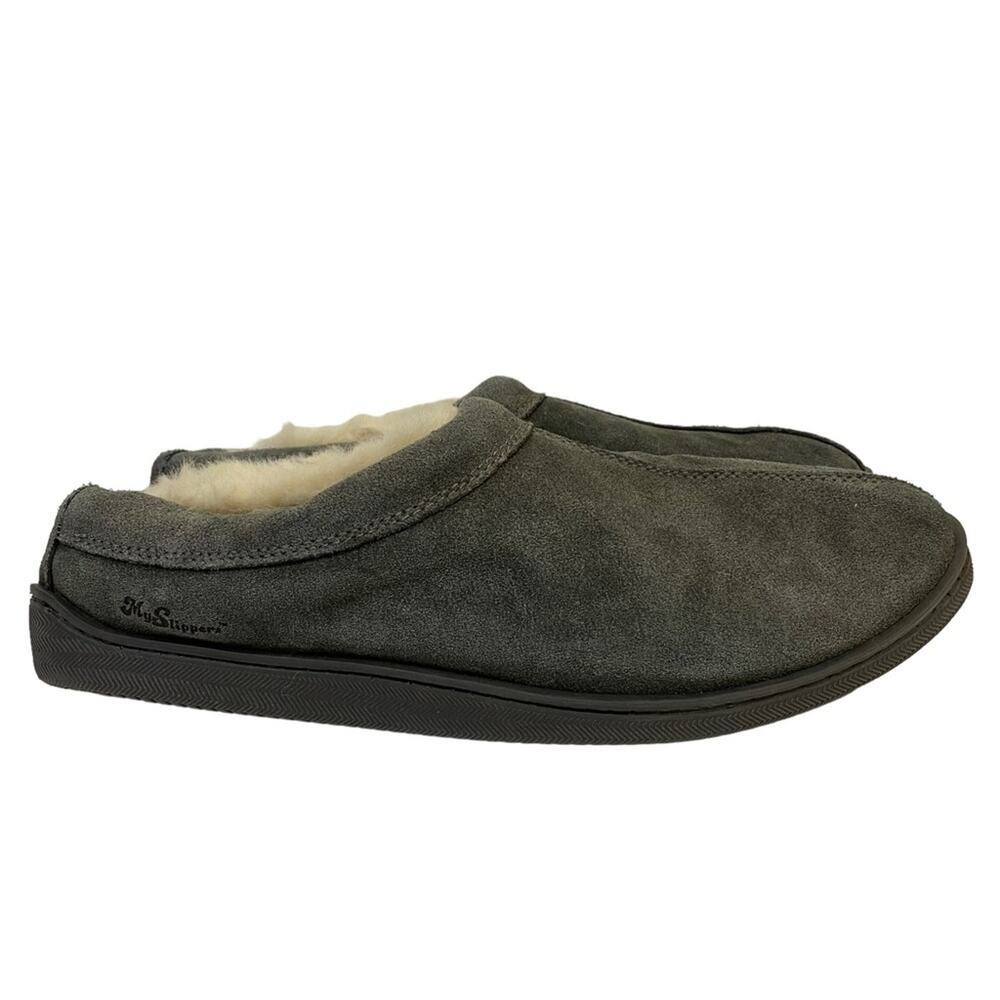 My Pillow My Slippers Gray Leather Faux Fur Slippers Size 12